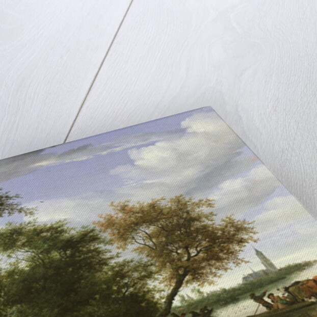 Wooded river landscape with figures and cattle on a ferryboat by Salomon van Ruisdael or Ruysdael