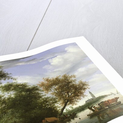 Wooded river landscape with figures and cattle on a ferryboat by Salomon van Ruisdael or Ruysdael