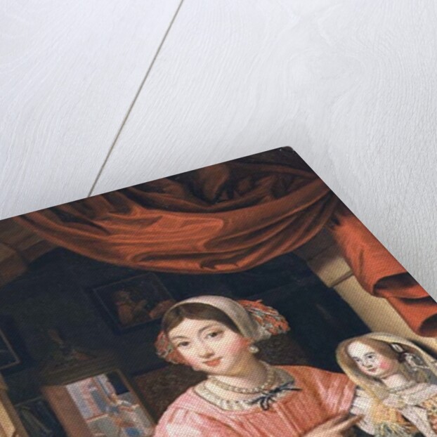 Girl holding a doll in an interior with a maid sweeping behind by Edwaert Colyer or Collier