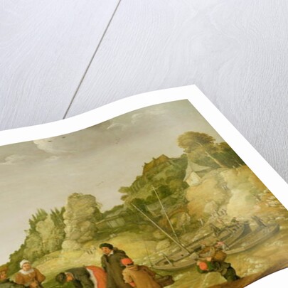 Fisherman unloading and selling their catch on a rocky shoreline by Adam Willaerts