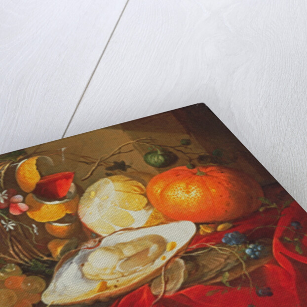 An oyster, a glass of wine and fruit on a table covered with a red velvet drape by Elias van den Broeck