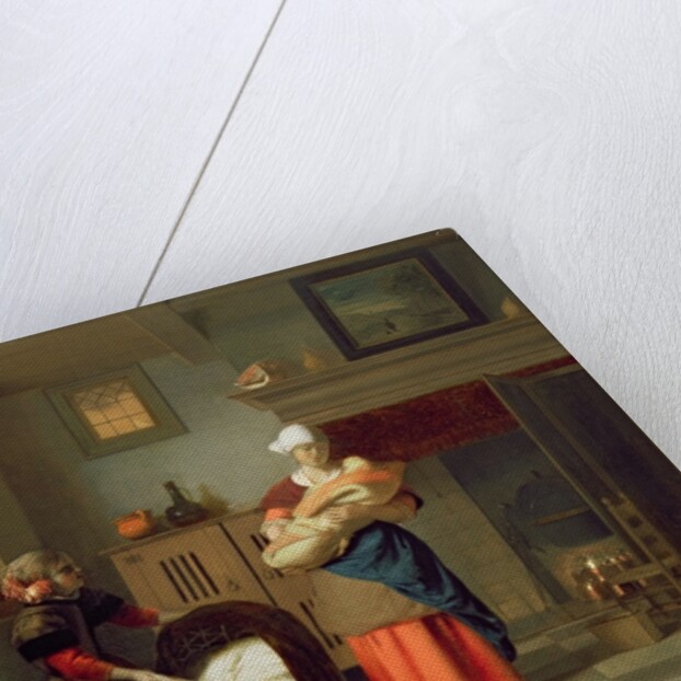 Nursemaid with baby in an interior and a young girl preparing the cradle by Pieter de Hooch