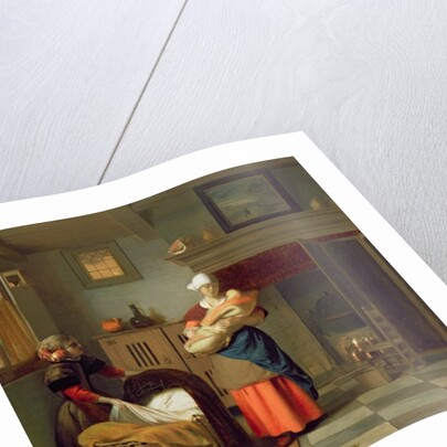 Nursemaid with baby in an interior and a young girl preparing the cradle by Pieter de Hooch