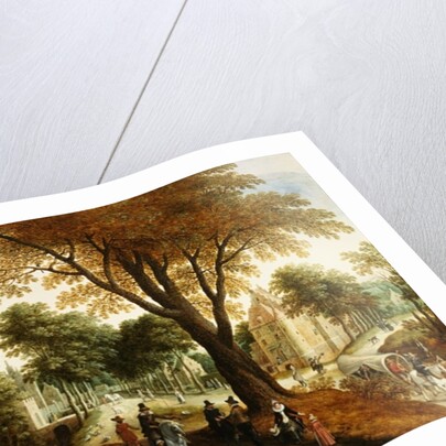 Elegant Horsemen and figures on a path in front of a chateau by Sebastian Vrancx