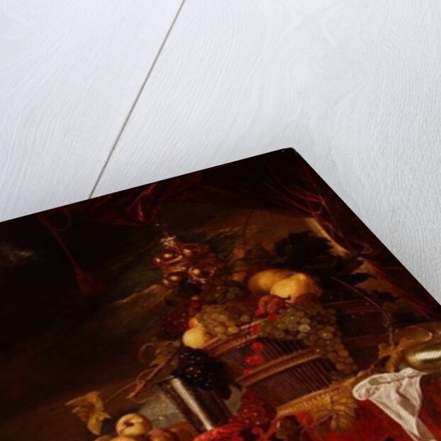 A Basket of Mixed Fruit with Gilt Cup, Silver Chalice, Nautilus, Glass and Peaches on a Plate by Jan Davidsz de Heem