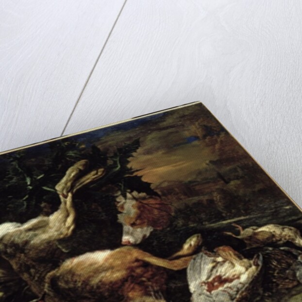 Still Life with a Hare, Song Birds and a Bird Net with a Spaniel Beyond by Jan Fyt