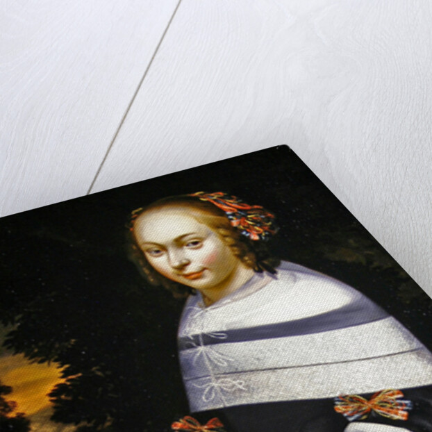 A portrait of a young girl holding a fan, a landscape beyond, c.1650 by Friesian School