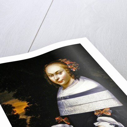 A portrait of a young girl holding a fan, a landscape beyond, c.1650 by Friesian School