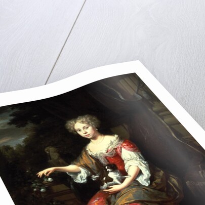 Portrait of a Lady holding her pet King Charles Spaniel by Jan Verkolje