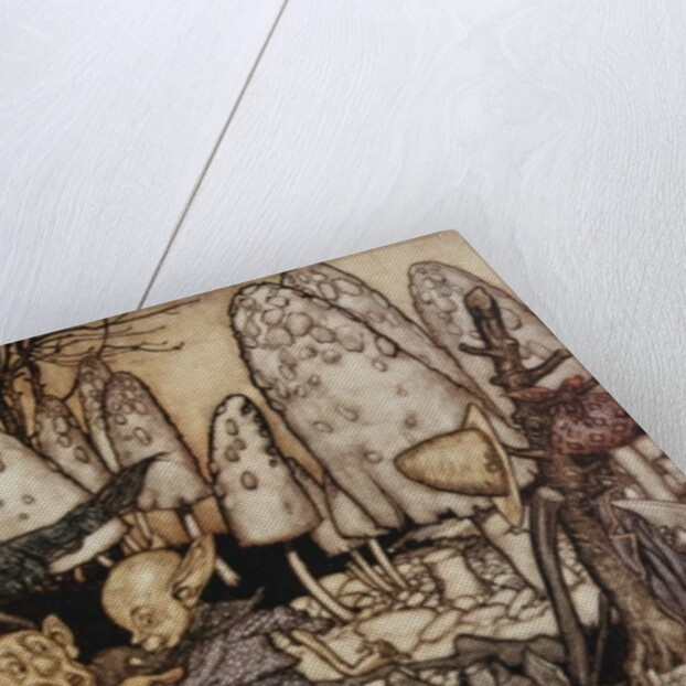 A band of workmen, who were sawing down a toadstool, rushed away, leaving their tools behind them by Arthur Rackham
