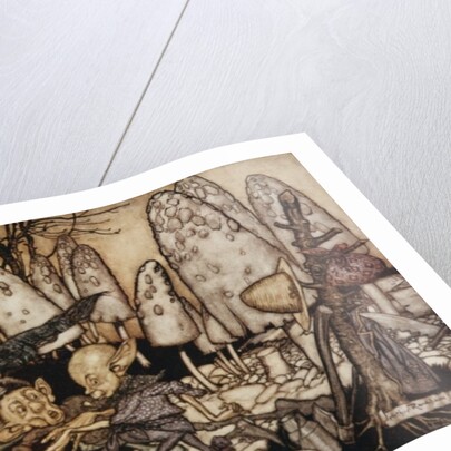 A band of workmen, who were sawing down a toadstool, rushed away, leaving their tools behind them by Arthur Rackham