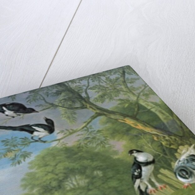 Cock pheasant, hen pheasant and chicks and other birds in a classical landscape by Pieter Casteels