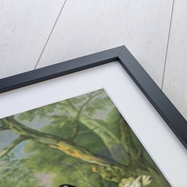 Cock pheasant, hen pheasant and chicks and other birds in a classical landscape by Pieter Casteels