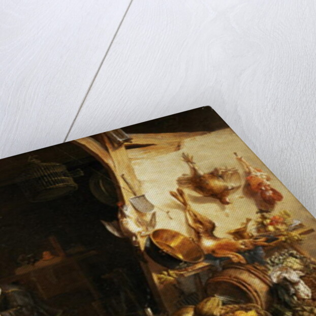 A Kitchen Interior with a Servant Girl Surrounded by Utensils, Vegetables and a Lobster on a Plate by Cornelis van Lelienbergh