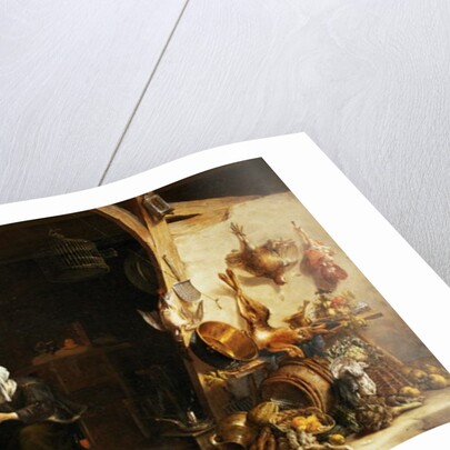 A Kitchen Interior with a Servant Girl Surrounded by Utensils, Vegetables and a Lobster on a Plate by Cornelis van Lelienbergh