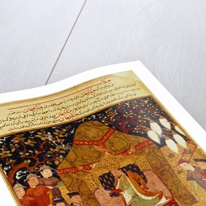 Temujin has himself proclaimed Genghis Khan, his sons Ogodei and Jochi to the right by Persian School