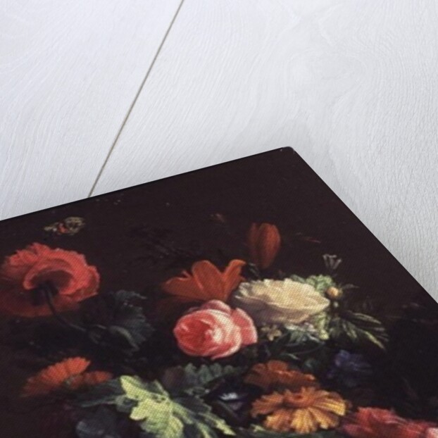 Poppies, Roses, Lilies, Daisies, a Convolvulus and Other Flowers in a Glass Bowl on a Ledge, with a Cabbage White Butterfly Above by Elias van den Broeck