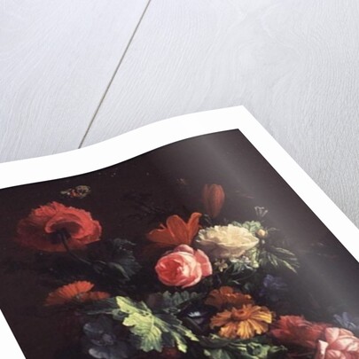 Poppies, Roses, Lilies, Daisies, a Convolvulus and Other Flowers in a Glass Bowl on a Ledge, with a Cabbage White Butterfly Above by Elias van den Broeck