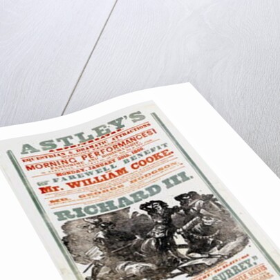 Astley's Circus poster advertising the Farewell Benefit of Mr. William Cooke, January 30th, 1860 by English School