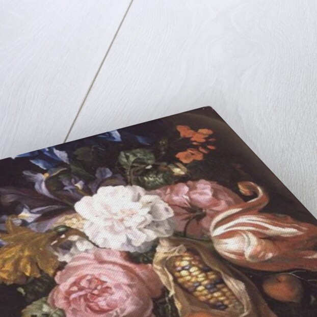 A Still Life Of A Corncob, Roses, A Parrot Tulip, Irises, And Other Flowers Suspended From A Blue Ribbon, In A Stone Niche by Ernst Stuven