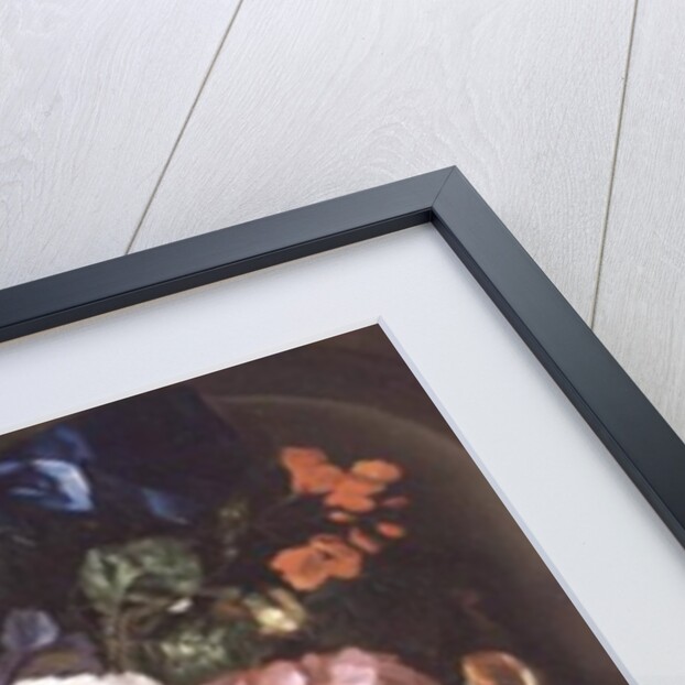 A Still Life Of A Corncob, Roses, A Parrot Tulip, Irises, And Other Flowers Suspended From A Blue Ribbon, In A Stone Niche by Ernst Stuven