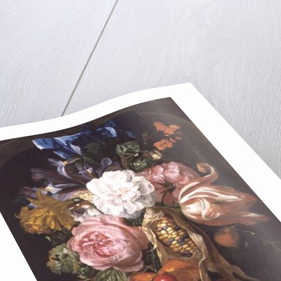 A Still Life Of A Corncob, Roses, A Parrot Tulip, Irises, And Other Flowers Suspended From A Blue Ribbon, In A Stone Niche by Ernst Stuven