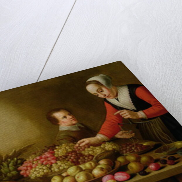 Girl selling grapes from a large table laden with fruit and vegetables by Floris van Schooten