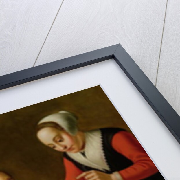 Girl selling grapes from a large table laden with fruit and vegetables by Floris van Schooten