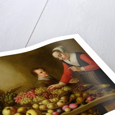 Girl selling grapes from a large table laden with fruit and vegetables by Floris van Schooten