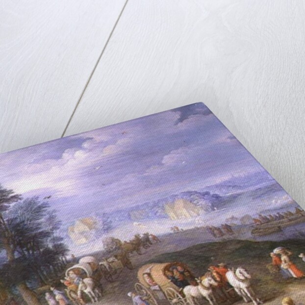 Landscape with peasants, carts and a ferry by Joseph van Bredael