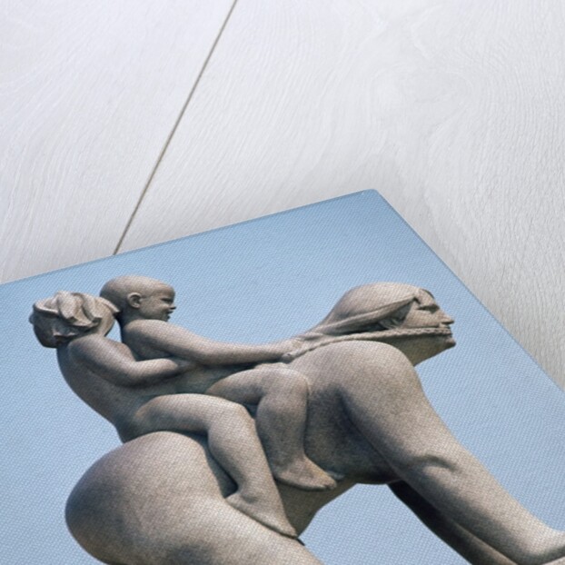 Woman with two children riding on her back by Gustav Vigeland