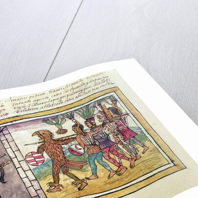 Codex Duran: Pedro de Alvarado companion-at-arms of Hernando Cortes besieged by Aztec warriors by Diego Duran