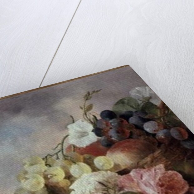 Still life of fruit and roses on a ledge by Edward Ladell