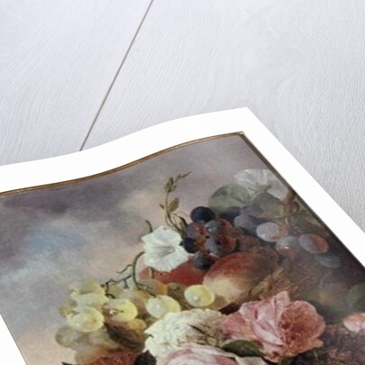 Still life of fruit and roses on a ledge by Edward Ladell