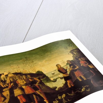 Scipio Africanus, Roman general, with the captive Numidian prince Sphax, whose wife Sophonisba, a Carthaginian noblewoman, stands to the left, c.1490 by Bernardino Fungai