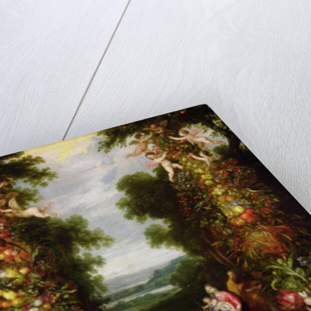 Holy Family in a landscape with a garland of fruit and vegetables by J. & Avont P. van Brueghel