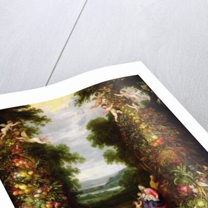 Holy Family in a landscape with a garland of fruit and vegetables by J. & Avont P. van Brueghel