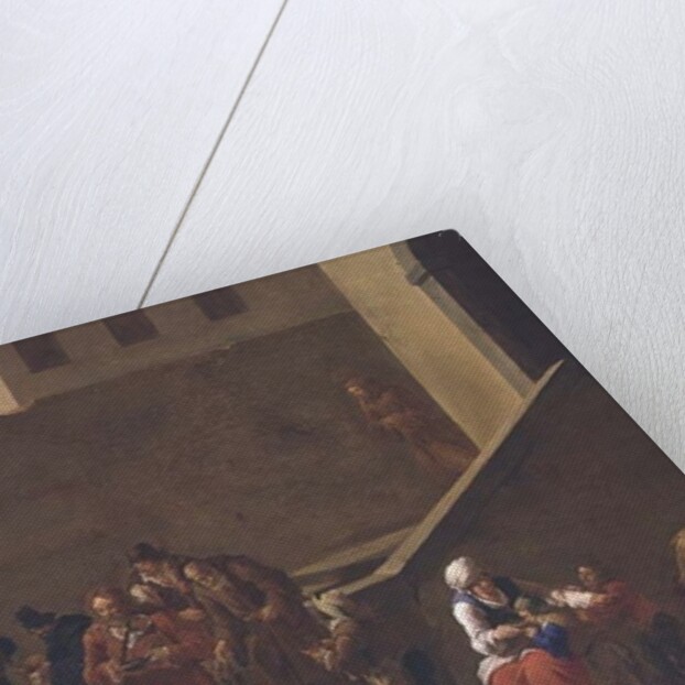 Street scene with monks distributing food to the poor by Andries Both