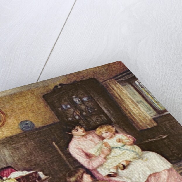 Mother playing with children in an interior by Helen Allingham