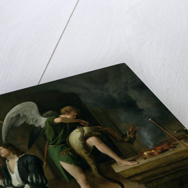 Tobias and Sarah with the Archangel Raphael exorcising the demon Asmodeus, restored version reassembled from two separated fragments by Jan Havicksz. Steen