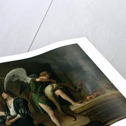 Tobias and Sarah with the Archangel Raphael exorcising the demon Asmodeus, restored version reassembled from two separated fragments by Jan Havicksz. Steen