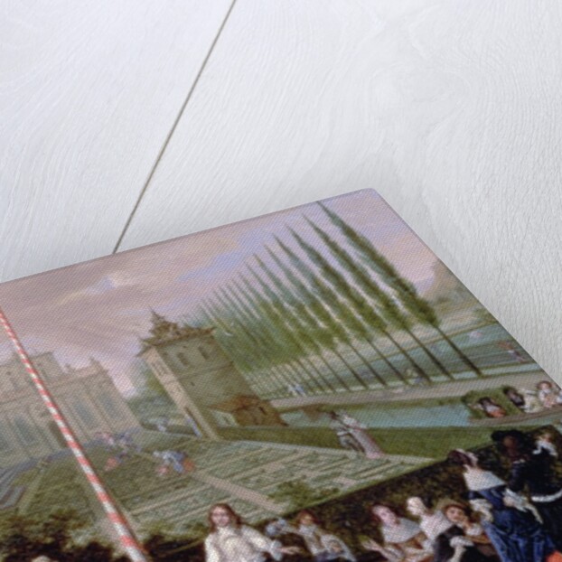 Detail of elegant figures playing musical instruments around a maypole by Pieter Gysels