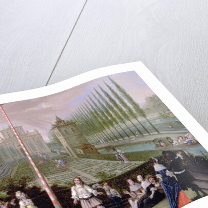 Detail of elegant figures playing musical instruments around a maypole by Pieter Gysels