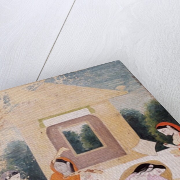 A lady on a terrace, distraught with unsatisfied longing for her lover, her attendants can do nothing to console her by Indian School