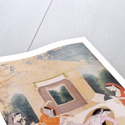 A lady on a terrace, distraught with unsatisfied longing for her lover, her attendants can do nothing to console her by Indian School