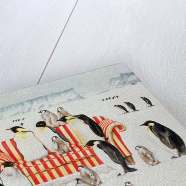Penguins on a red and white sofa, 1994 by E.B. Watts