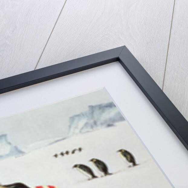 Penguins on a red and white sofa, 1994 by E.B. Watts