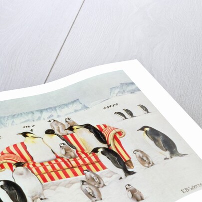 Penguins on a red and white sofa, 1994 by E.B. Watts
