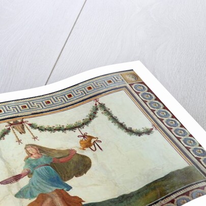 The 'Camera con Fregio di Amorini' detail of the ceiling depicting a woman holding a bowl, 1520s by Giulio Romano