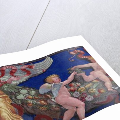 Frieze from the 'Camera con Fregio di Amorini' detail of an angel in a golden dress with spread wings, 1520s by Giulio Romano